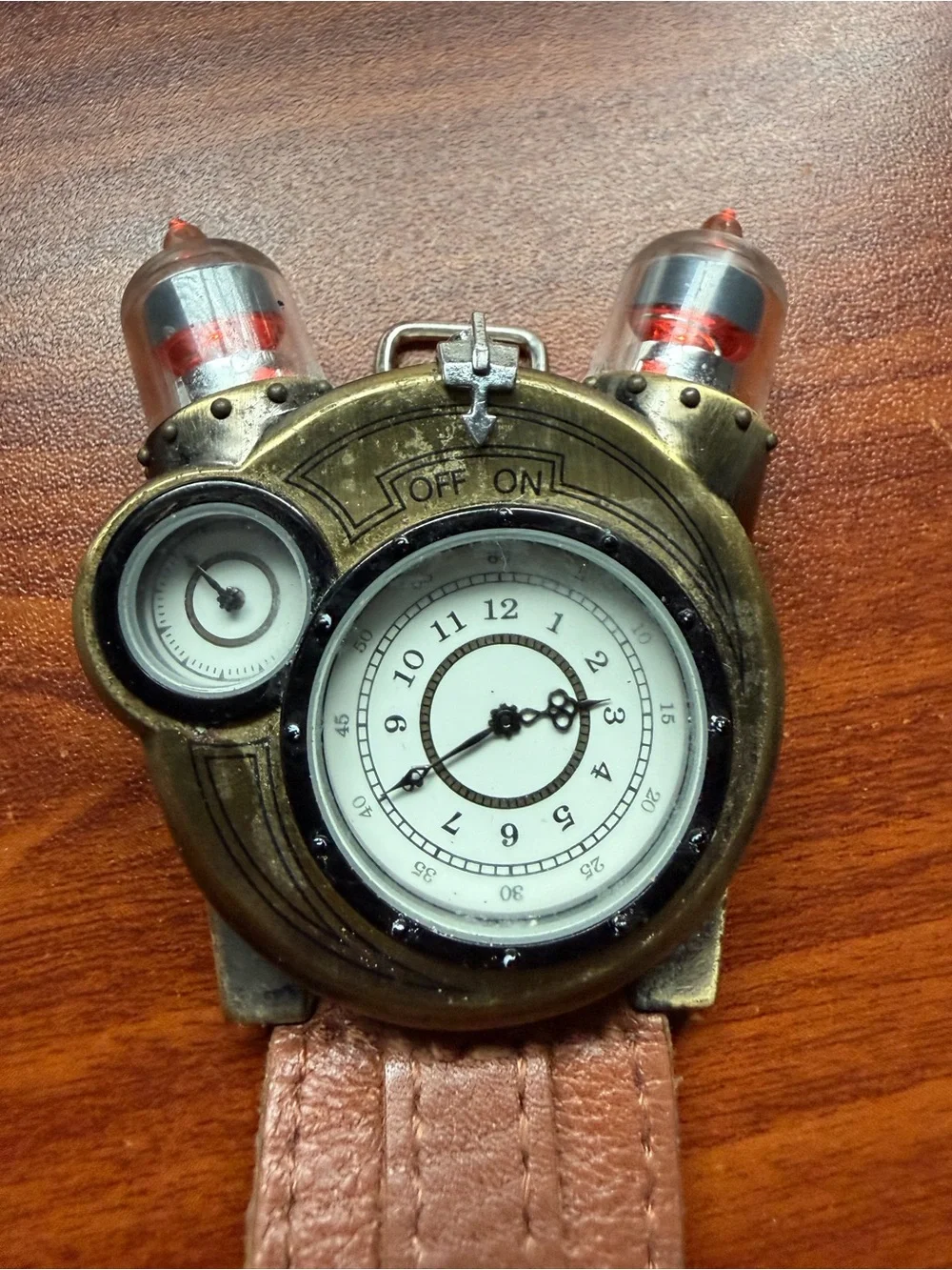ThinkGeek Steampunk Tesla Analog Watch Leather Strap W/ Key Stainless Steel Case